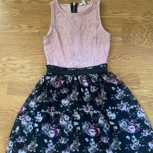 Pink dress with flower print skirt